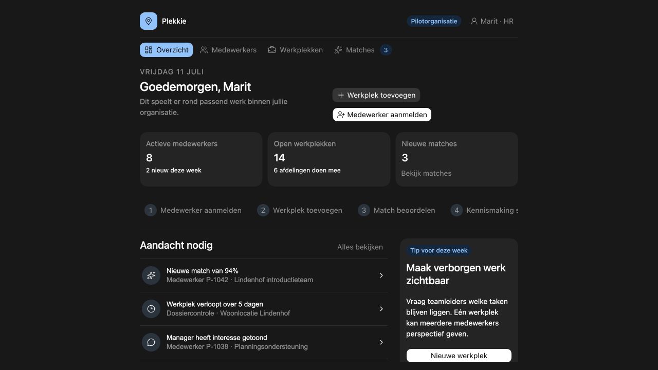 Plekkie dashboard met medewerkers, werkplekken en matches